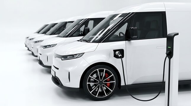 Row of modern white electric delivery vans charging at station in bright studio