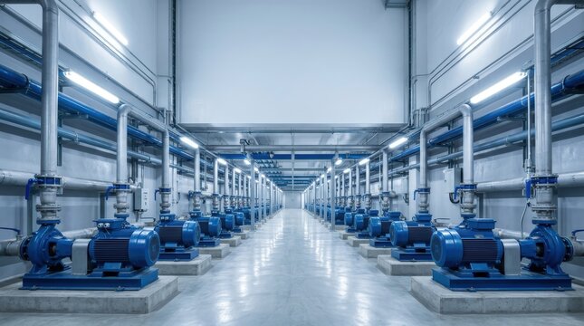 Industrial pump room with rows of blue machinery and stainless steel pipes
