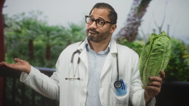 Man doctor with stethoscope holds romaine lettuce in left hand and shrugs right hand palm up on balcony; skepticism nutrition advice.
