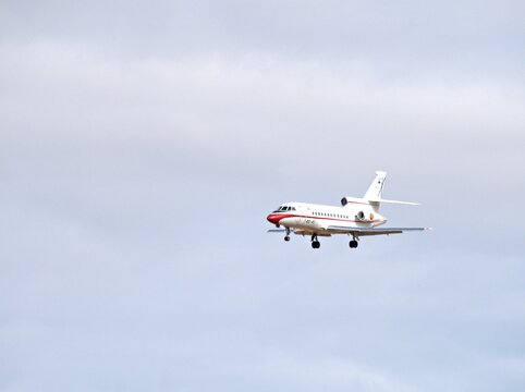 Torrejon de Ardoz, Spain - October 12, 2025: Dassault Falcon 900 coded 45 41 of 45 Grupo, the Spanish Air Force VIP transport unit, comes in to land at Torrejon air base with gear down
