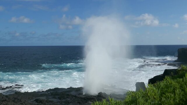 Blowhole spouting large plumes of water on Galapagos Islands with veil of mist and churning ocean waves