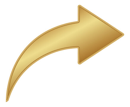 Golden curved arrow pointer icon with border isolated on transparent background