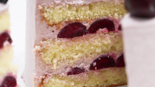 Close-up shot of a sliced layered sponge cake filled with whipped cream and fresh dark cherries. The delicious fruit dessert features soft golden sponge layers and a creamy, fruity filling, perfect fo