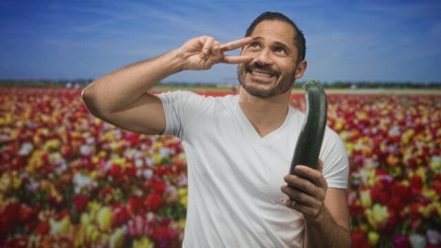 Man smiling, holding large zucchini and flashing peace sign with raised hand in studio with tulip backdrop; playful joy.