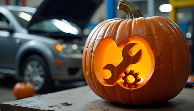 Carved Halloween pumpkin with illuminated wrench and gear icons in front of car on auto repair garage background.