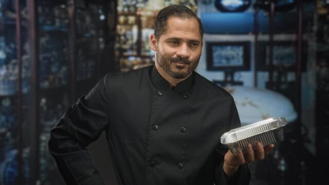 Man chef points finger while holding aluminum foil tray with right hand and left hand on hip in studio; takeout service doubt.