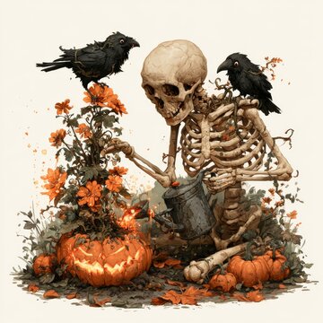 Human skeleton gardening with glowing pumpkins and black crows for Halloween celebration