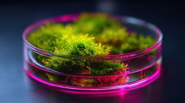 Green moss sample in petri dish captured in macro focus, detailed microtopography of moss cushions and sporophyte hints, ambient pink reflections create scientific yet artistic mood