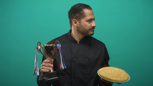 Young hispanic man chef holds trophy and plate with omelette in studio while looking sideways and presenting dish; pride achievement.