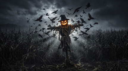 Fototapeta premium Creepy scarecrow with glowing carved pumpkin head in dark cornfield at night with flying black crows