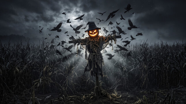 Creepy scarecrow with glowing carved pumpkin head in dark cornfield at night with flying black crows