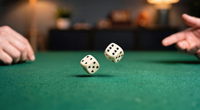 Ivory dice rolling in midair on a green felt tabletop. Close up of hands throwing dice during a board game or casino night