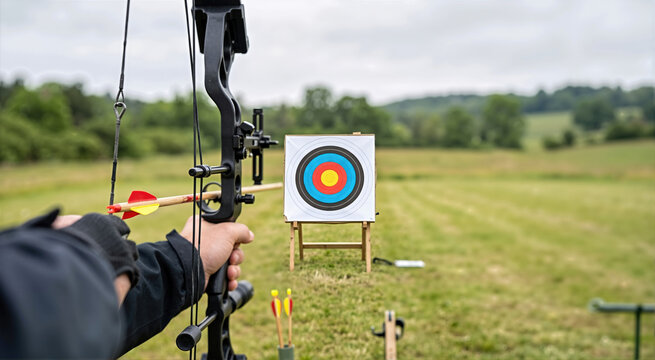 Archer holding a matte black bow and wooden arrow aiming at a target. Precision archery in a green field under a muted sky