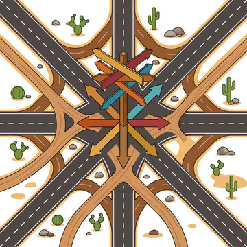 Complex desert highway interchange with wooden signpost and directional arrows
