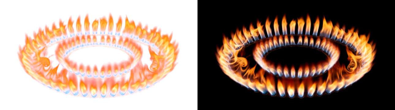 Dual concentric ring burner flame crown with layered fire jets, fire overlay isolated on transparent background