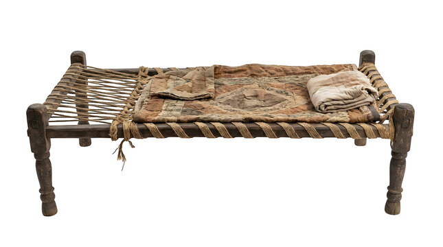 Vintage rustic charpai bed with woven rope, traditional wooden daybed with patterned rug, antique handmade furniture for ethnic home decor isolated on White Background