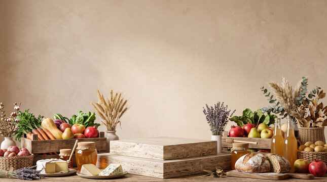 luxury travertine podium display surrounded by farm fresh harvest, vegetables, cheese, bread, and honey on neutral background