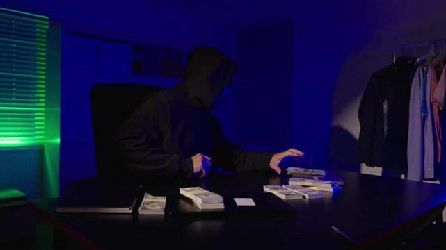 Crime theft. Burglar man stealing money and laptop. Robbery crime at night. Criminal man with money. Thief hacker. Man housebreaker hiding from police. Police lights. Criminal man do thief crime