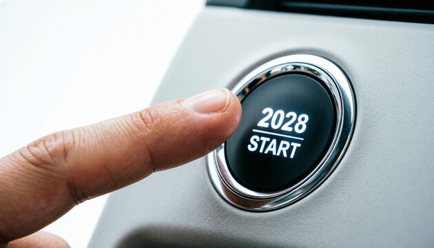 2028 start button on car dashboard, finger pressing engine ignition switch, future planning and new year concept isolated on White Background
