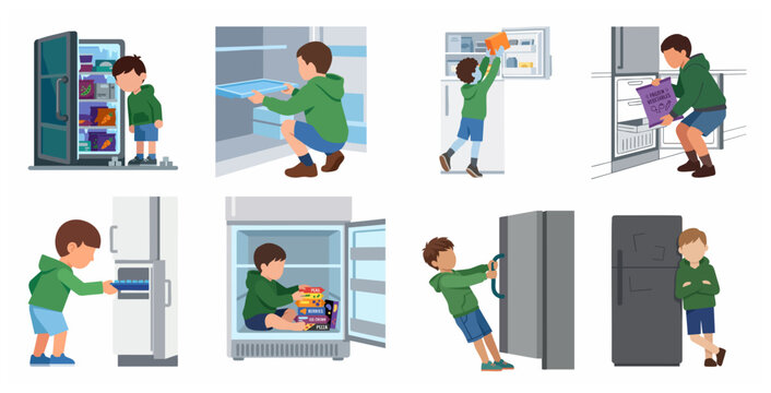 Set of vector illustrations of a young boy interacting with a refrigerator and freezer at home