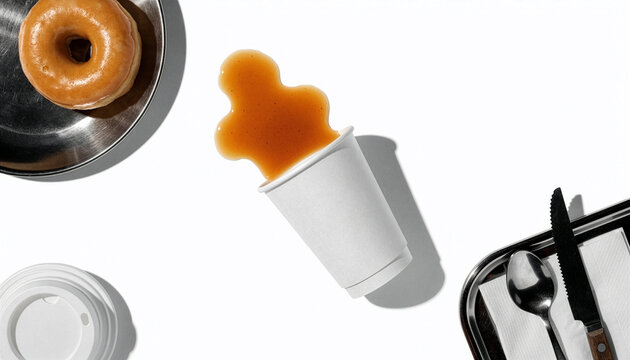 Top down view of spilled coffee paper cup with donut and cutlery on white