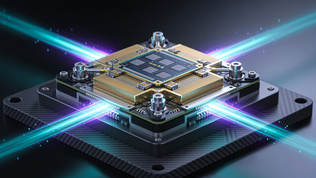 Advanced computer microchip processor with glowing blue laser fiber optic data beams