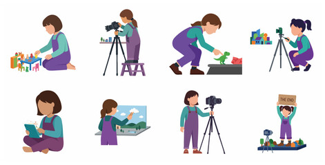 Fototapeta premium Set of flat illustrations featuring a young girl engaged in stop-motion animation and filmmaking hobbies.