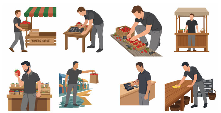 Farmers market vendor selling fresh strawberries, vector illustration set of small business owner working at fruit stall