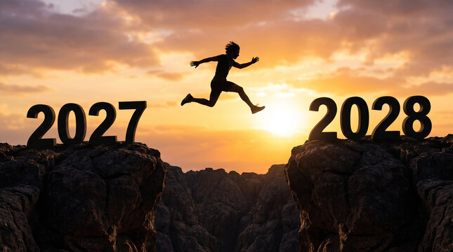 Silhouette of man jumping from year 2027 to 2028, concept of new year transition, sunset over mountain cliff isolated on White Background