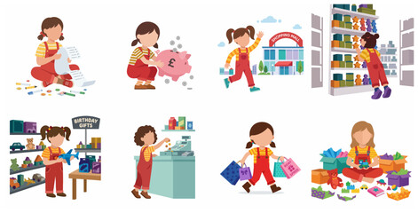 Fototapeta premium Little Girl Shopping, Saving Money, and Buying Birthday Gifts Illustration Set