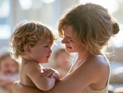 Caucasian woman holding toddler with curly hair in a softly lit room, warm sunlight streaming through windows, with blurred children in the background