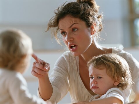 Mother scolding toddler while holding another child in a bright indoor setting with soft natural light and wooden flooring