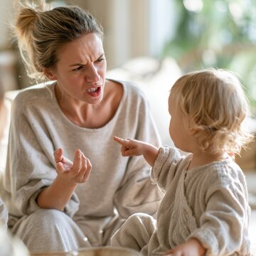 Caucasian woman in gray loungewear expresses frustration while interacting with a toddler in a cozy living room setting with soft furnishings and natural light