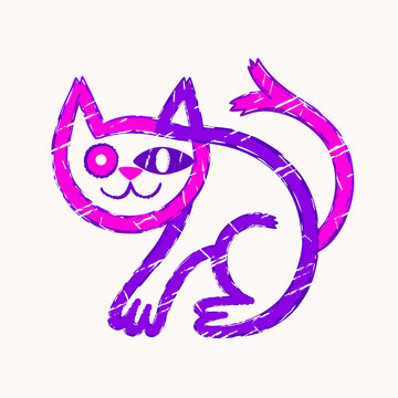 vector illustration of a quirky purple and pink cat with expressive mismatched eyes and a split tail