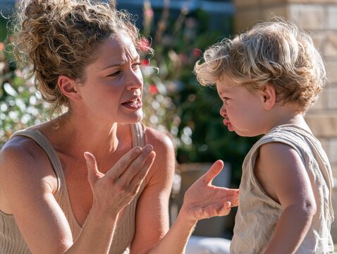 Caucasian woman with curly hair engages in conversation with a young boy, both displaying expressive faces in a sunny outdoor setting with greenery in the background