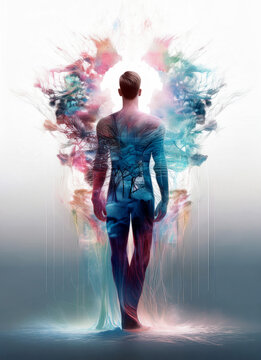 A man in a spiritual awakening, stands with his back to the viewer, surrounded by an explosion of colorful, abstract energy. The vibrant swirls and patterns give a sense of movement and creativity.