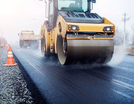 A massive industrial steamroller compacts the hot, steaming black asphalt at a busy road construction site.