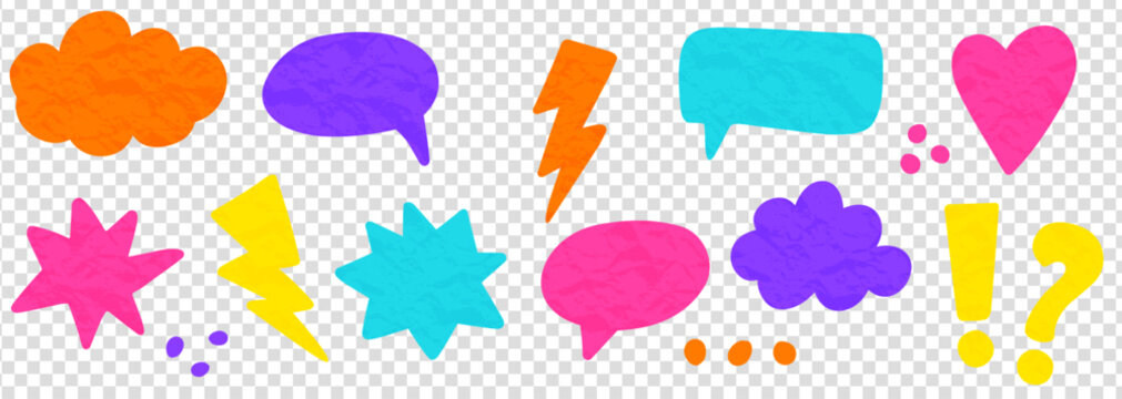 Colorful clouds, speech bubbles, stars, lightning bolts, hearts, dots, and exclamation marks create a playful composition. Ideal for dopamine colors branding, banners, and social media
