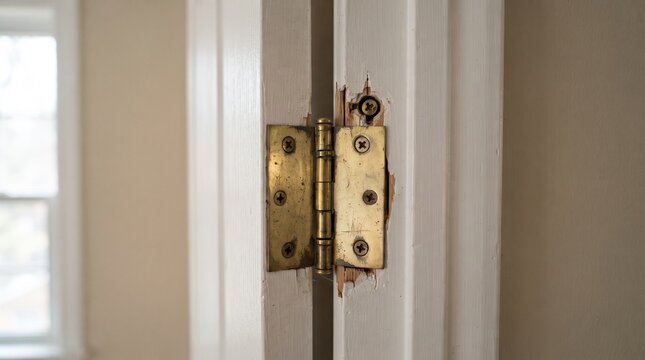 Damaged Door Hinge with Splintered Wood
