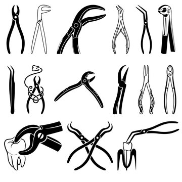Dental extraction forceps and pliers icons set, multipurpose gripping tools, clamps and pincers vector