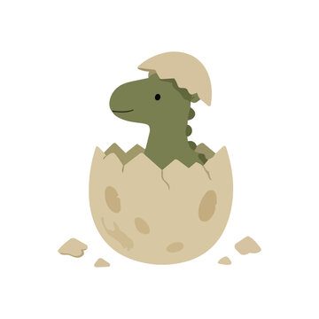 Cute Baby Dinosaur Hatching From Egg Illustration