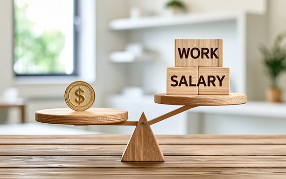 A wooden balance scale with a gold coin on one side and stacked blocks labeled WORK and SALARY on the other, set on a wooden table indoors.
