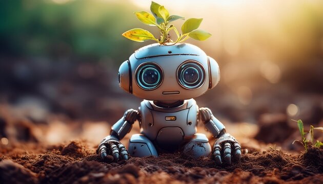 a robot sitting on the ground covered in dirt with a curious expression a small plant growing out of its head detailed intricate highly realistic cinematic lighting digital art