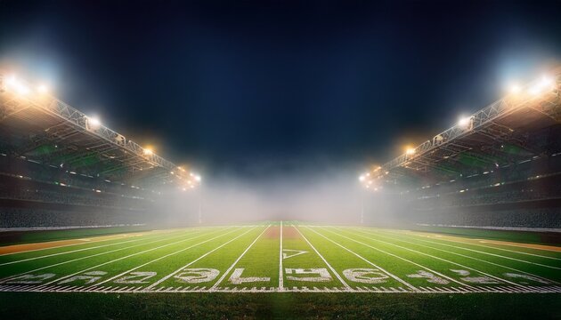 an atmospheric shot of a football stadium filled with fog at night lights illuminate the playing field and yard markers