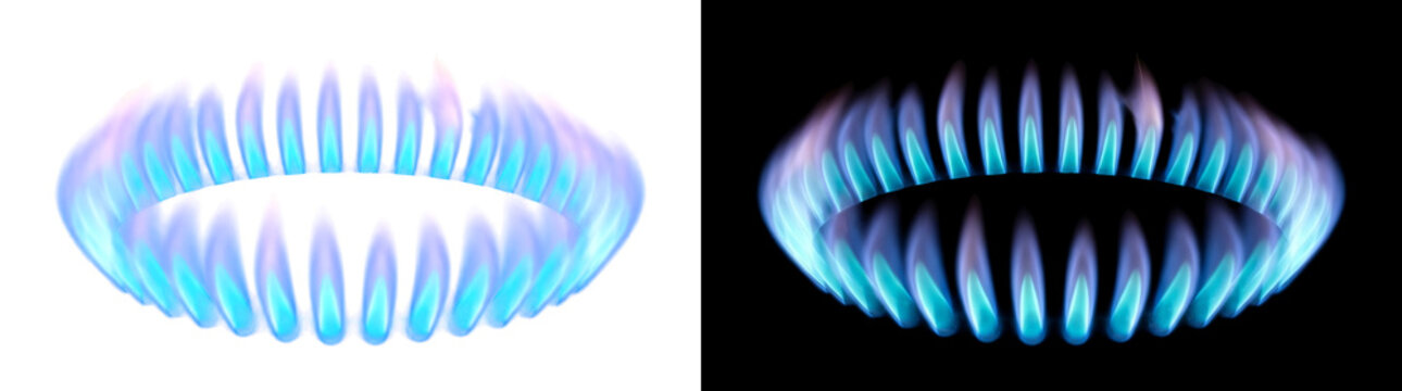 Slotted gas hob flame ring with perimeter micro-apertures, glowing blue flame transparent design element