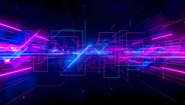 Futuristic abstract digital composition with glowing neon blue and magenta geometric lines on a dark background, representing technology, cyberspace and digital networks.