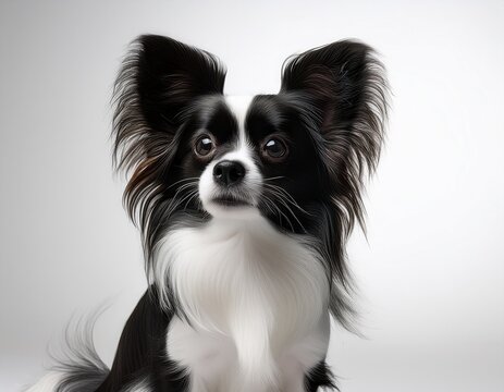 black and white papillon dog gracefully poses in a minimalist white background