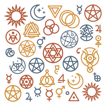 Mystic esoteric symbols and alchemy signs set on white background