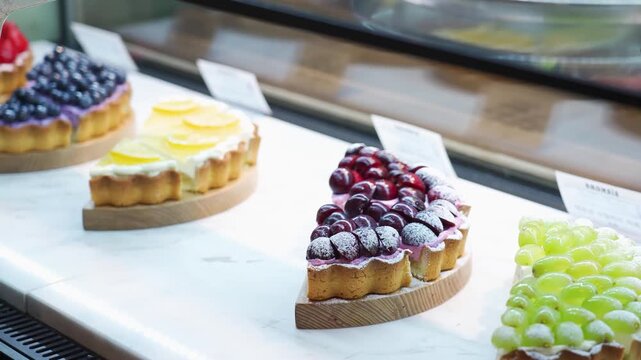 close-up shot of various freshly baked fruit tarts, including grape, cherry, lemon, and blueberry toppings, beautifully arranged on a white counter inside a bakery display case.