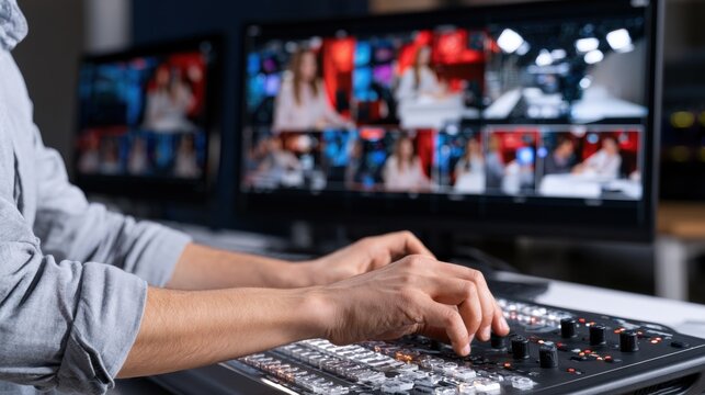 Hands operating video switcher beside monitors, live production workflow and television broadcasting control
